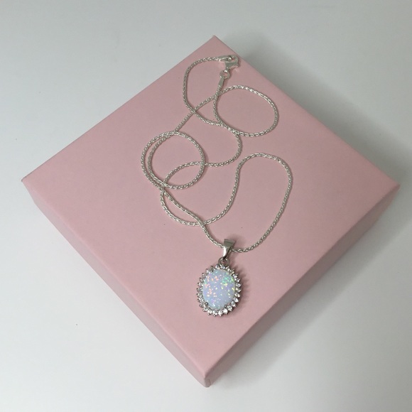 Sterling Silver White Lab Opal & Cz's Necklace - Picture 5 of 15